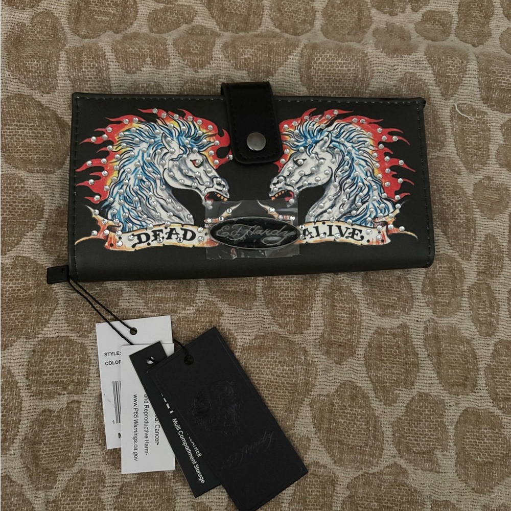 Ed Hardy Black Wallet with Red & Blue Unicorn Print